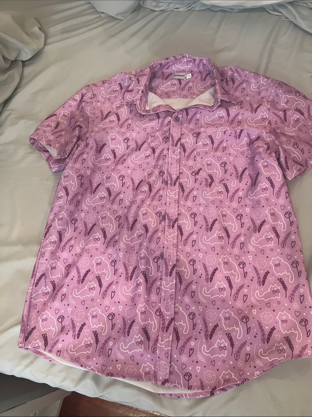 Men's Lavender Cat-Print Short-Sleeve Button-Down Shirt
